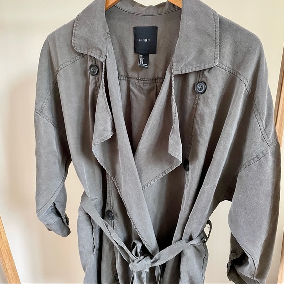 Longline Flowy Tie Front Trench Coat in Army Green - S - Picture 2 of 3